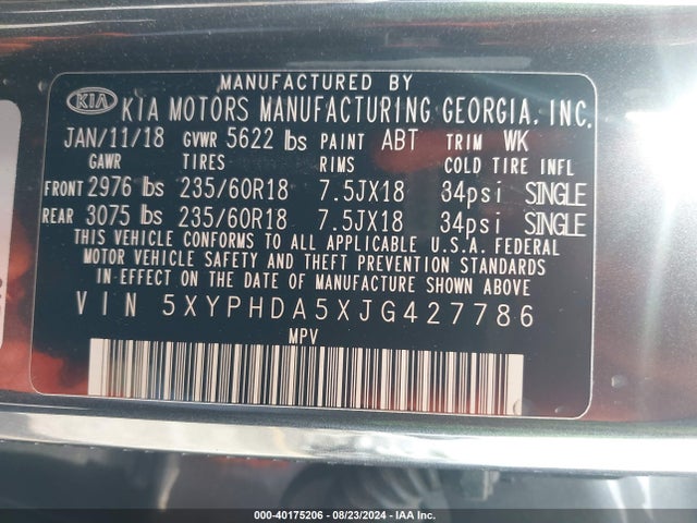 5XYPHDA5XJG427786 KIA Sorento 3.3l Ex