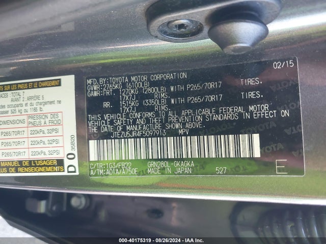 Toyota 4RUNNER SR5 2015 JTEZU5JR4F5097913 Image 9