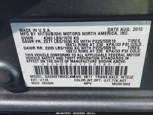 4A4AR3AUXFE050678 Mitsubishi Outlander Sport Es