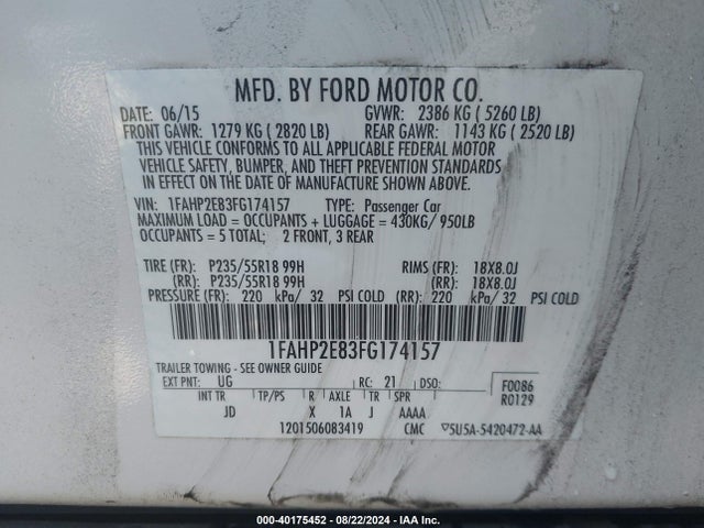 Ford TAURUS SEL 2015 1FAHP2E83FG174157 Image 9