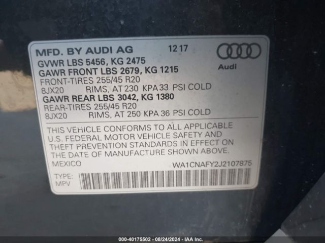 WA1CNAFY2J2107875 Audi Q5 2.0t Premium/2.0t Tech Premium