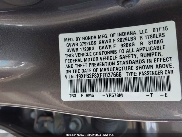 Honda CIVIC EX 2015 19XFB2F8XFE037666 Image 9