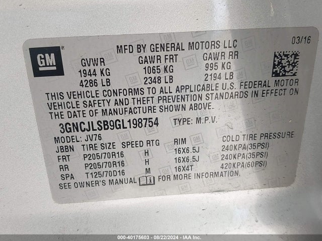 Chevrolet Trax Lt 2016 3GNCJLSB9GL198754 Image 9
