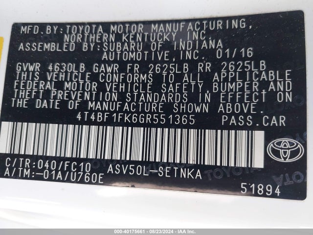 Toyota CAMRY LE 2016 4T4BF1FK6GR551365 Image 9