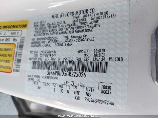 Ford FUSION SE 2016 3FA6P0HD5GR225026 Image 9