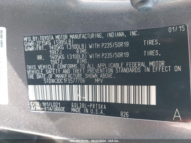 5TDXK3DC1FS577706 Toyota Sienna Se Premium 8 Passenger