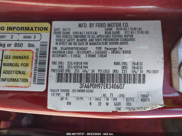 Ford FUSION SE 2014 3FA6P0H97ER340607 Image 9