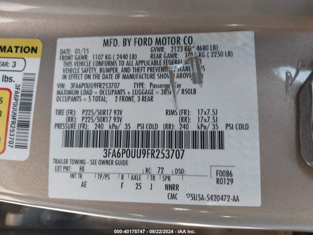 Ford Fusion Hybrid S 2015 3FA6P0UU9FR253707 Image 9