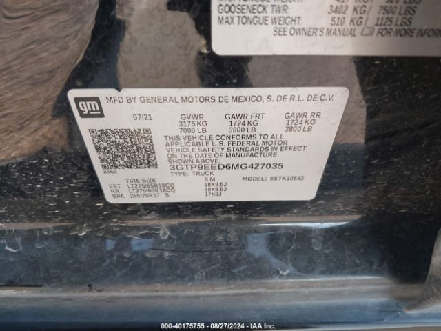 3GTP9EED6MG427035 GMC Sierra 1500 4wd  Short Box At4