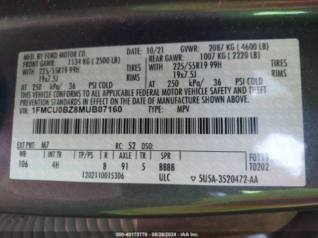 1FMCU0BZ8MUB07160 Ford Escape Se Hybrid