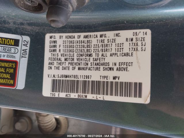 5J6RM4H76EL112967 Honda Cr-v Ex-l