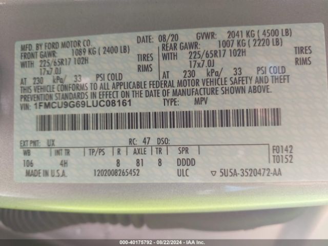 1FMCU9G69LUC08161 Ford ESCAPE SE