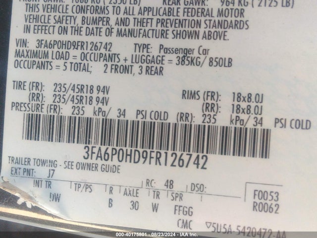 Ford FUSION SE 2015 3FA6P0HD9FR126742 Image 9