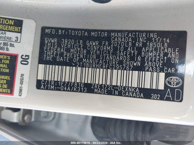 Toyota COROLLA LE 2015 2T1BURHE8FC295767 Image 9