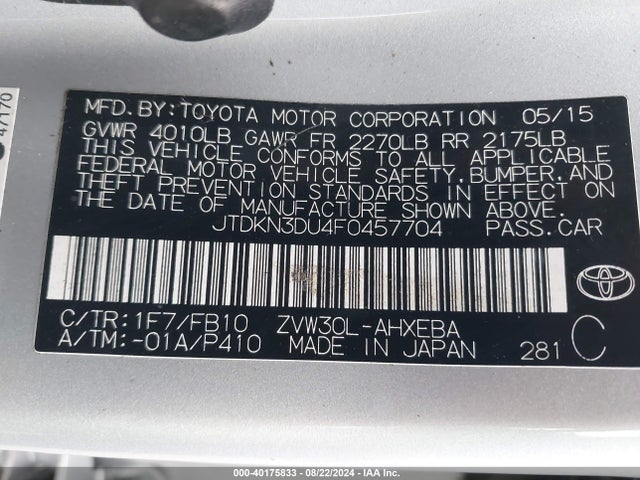 Toyota Prius Two 2015 JTDKN3DU4F0457704 Image 9