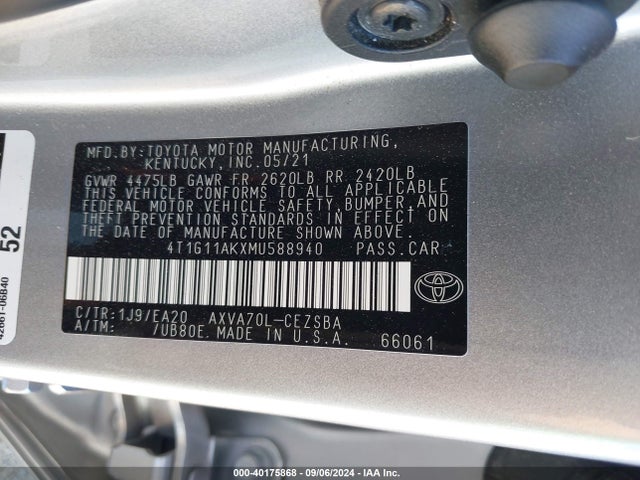 Toyota CAMRY SE 2021 4T1G11AKXMU588940 Image 9