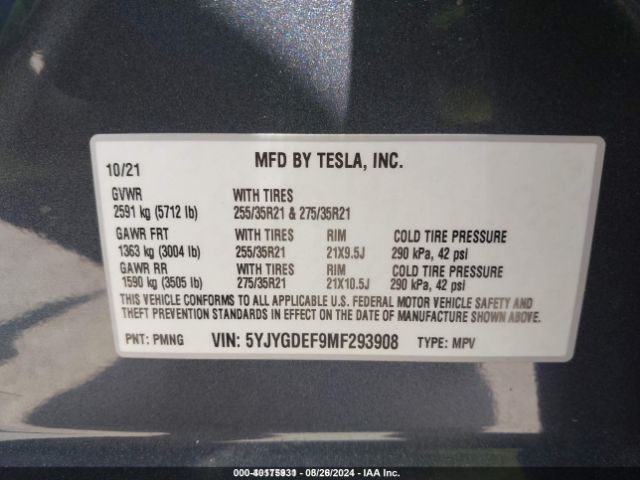 5YJYGDEF9MF293908 Tesla Model Y Performance Dual Motor All-wheel Drive
