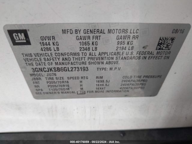 3GNCJKSB6GL273193 Chevrolet Trax 1ls