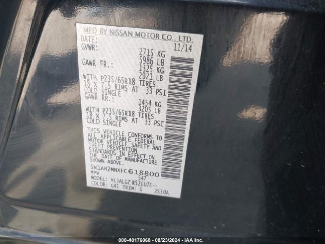 5N1AR2MNXFC618800 Nissan Pathfinder Platinum/s/sl/sv