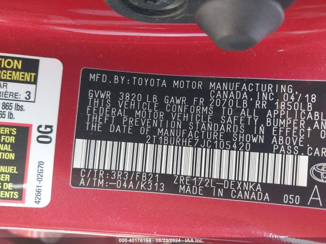 Toyota COROLLA LE 2018 2T1BURHE7JC105420 Image 9