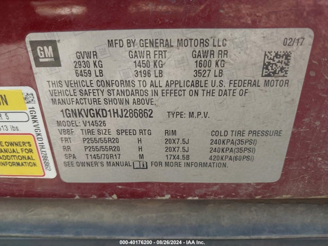 1GNKVGKD1HJ286862 Chevrolet Traverse 1lt