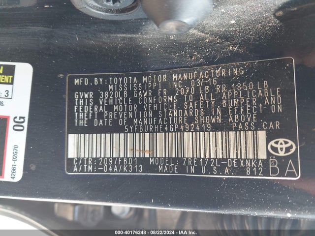 Toyota COROLLA LE 2016 5YFBURHE4GP492419 Image 9