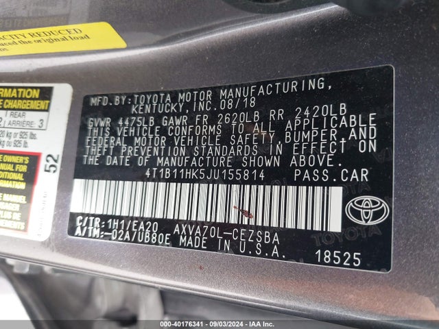 Toyota CAMRY SE 2018 4T1B11HK5JU155814 Image 9