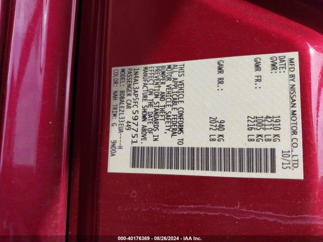 Nissan Altima 2.5 S 2015 1N4AL3AP5FC597751 Image 9