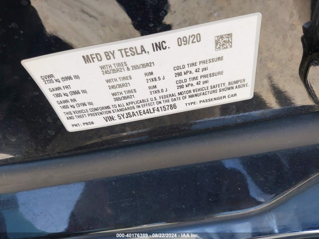 Tesla Model S Performance Dual Motor All-wheel Drive 2020 5YJSA1E44LF415786 Image 9