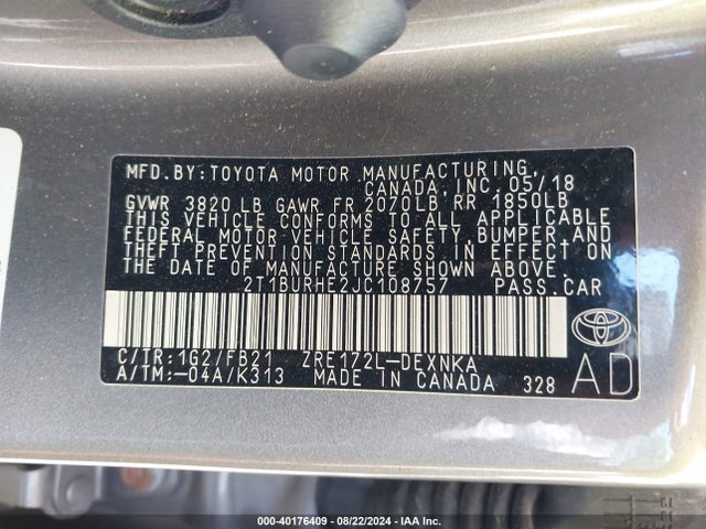 Toyota COROLLA LE 2018 2T1BURHE2JC108757 Image 9