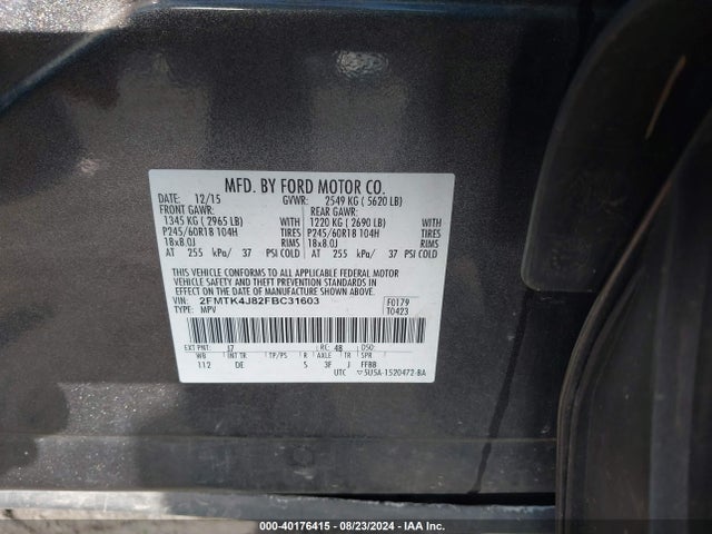 Ford EDGE SEL 2015 2FMTK4J82FBC31603 Image 9