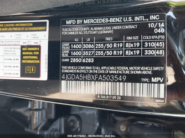 Mercedes-Benz Ml 350 4matic 2015 4JGDA5HBXFA503549 Image 9