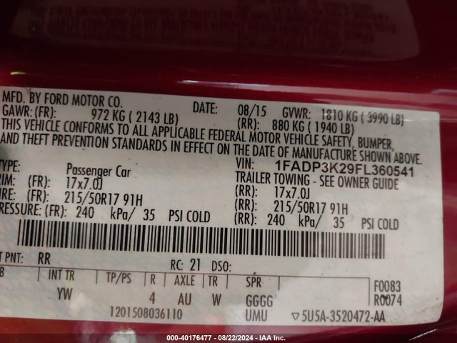 Ford FOCUS SE 2015 1FADP3K29FL360541 Image 9