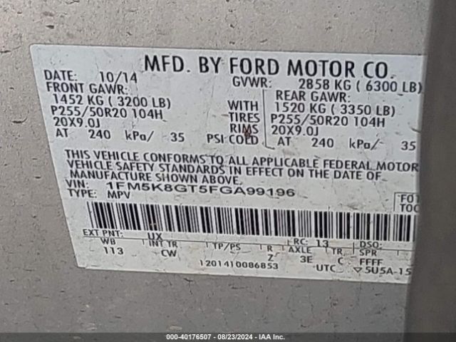 1FM5K8GT5FGA99196 Ford EXPLORER SPORT