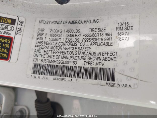 5J6RM4H92GL001160 Honda Cr-v Touring