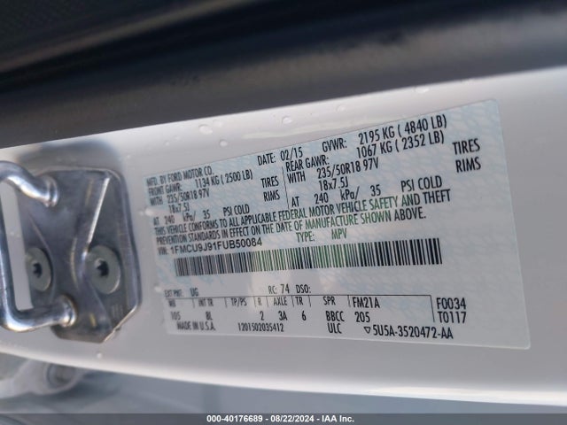 Aukcja sprzedaży 2015 Ford Escape Titanium, vin: 1FMCU9J91FUB50084, numer aukcji: 40176689
