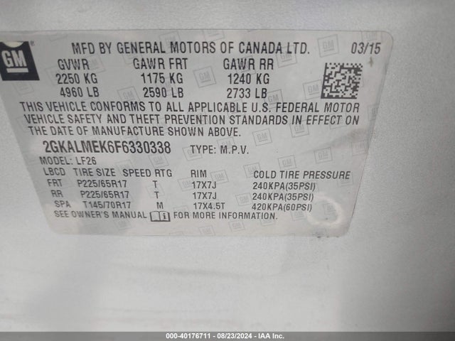 GMC Terrain Sle-1 2015 2GKALMEK6F6330338 Image 9