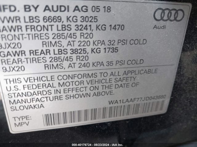 WA1LAAF77JD043680 Audi Q7 3.0t Premium