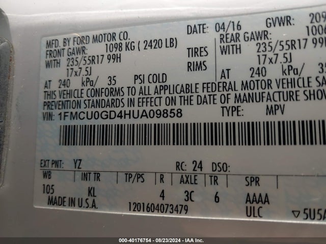 Ford ESCAPE SE 2017 1FMCU0GD4HUA09858 Image 9