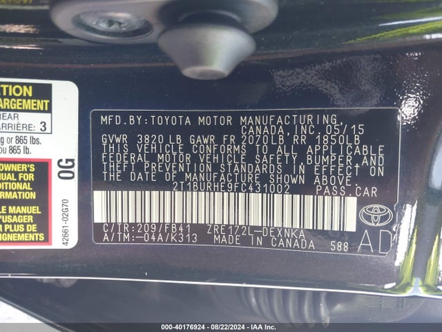 Продаж на аукціоні авто 2015 Toyota Corolla Le, vin: 2T1BURHE9FC431002, номер лоту: 40176924