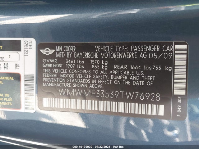 2009 MINI COOPER WMWMF33539TW76928 Photo 8