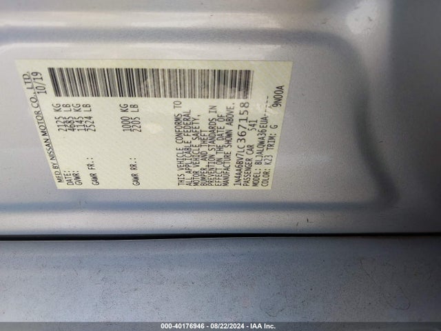 Nissan Maxima S Xtronic Cvt 2020 1N4AA6BV7LC367158 Image 9