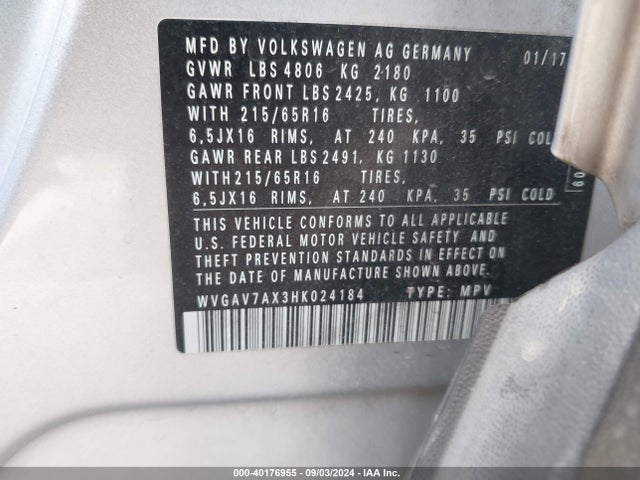 WVGAV7AX3HK024184 Volkswagen Tiguan 2.0t/2.0t S