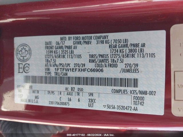Ford F-150 Xlt 2017 1FTFW1EFXHFC66906 Image 9