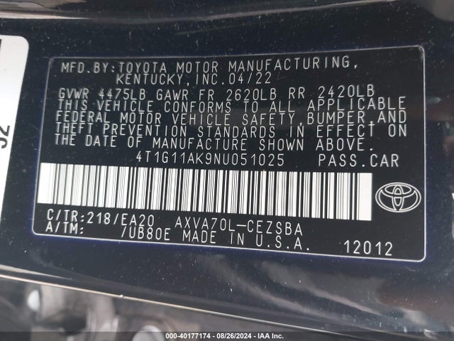 Toyota CAMRY SE 2022 4T1G11AK9NU051025 Image 9