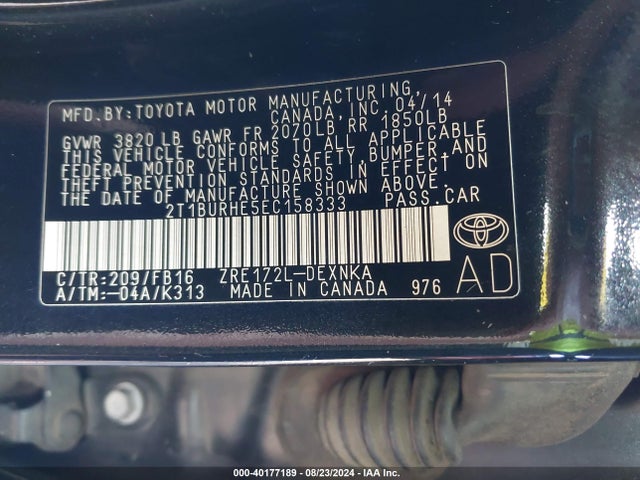 Toyota COROLLA LE 2014 2T1BURHE5EC158333 Image 9