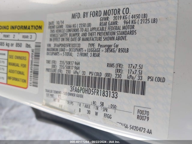 Ford FUSION SE 2015 3FA6P0HD5FR183133 Image 9
