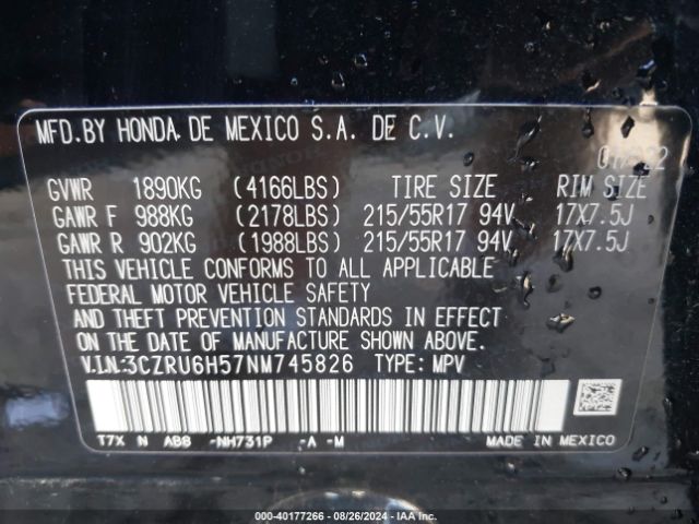 3CZRU6H57NM745826 Honda Hr-v Awd Ex