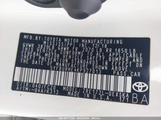 5YFBURHE4KP927013 Toyota COROLLA SE