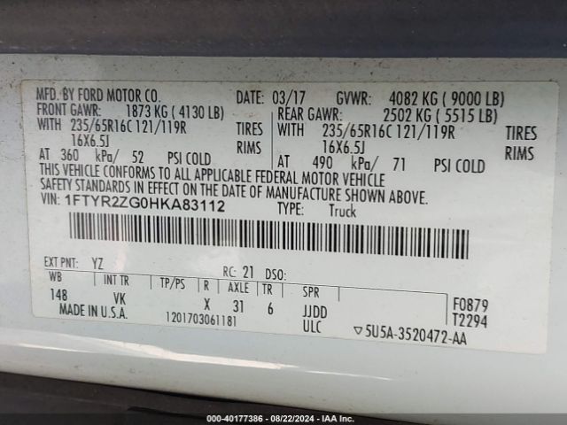 1FTYR2ZG0HKA83112 Ford Transit-250